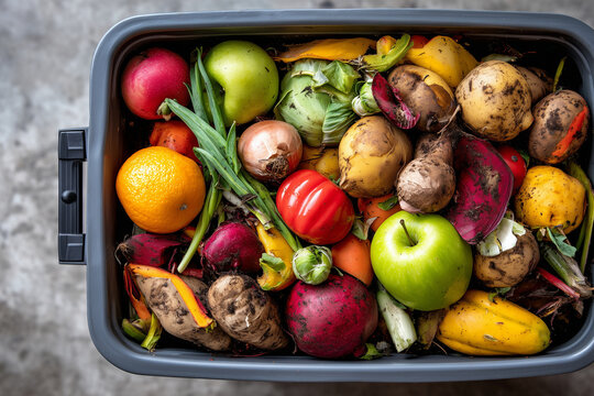 Compost bin filled with fruit and vegetable scraps - Powered by Adobe