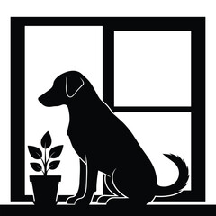 Black silhouette of a dog sitting next to a potted plant in a window frame white