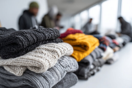 Volunteers organizing winter clothing drive, coats and scarves folded on table, 