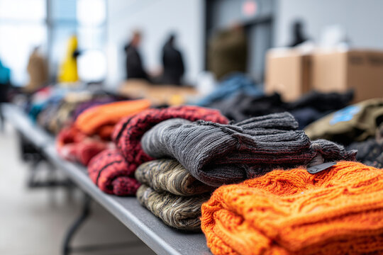 Volunteers organizing winter clothing drive, coats and scarves folded on table,  - Powered by Adobe