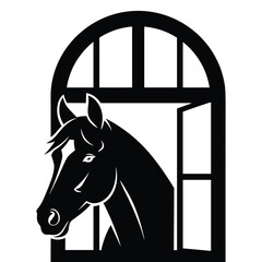 Silhouette of a horse head looking out of an arched window animal black and white