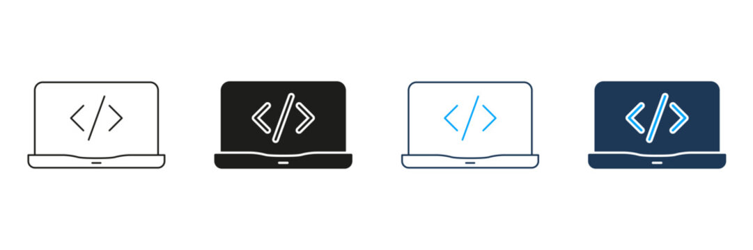 Laptop With Code Symbol Line And Solid Icon Set. Programming, Software Development, And Coding Interface Symbol Collection. Technology And Innovation. Isolated Vector Illustration