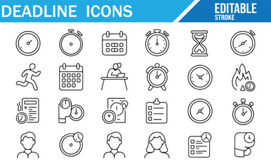 Set of deadline icons with clocks, calendars, timers, runners, and task management symbols in editable stroke style for business, time management, project scheduling, and productivity design