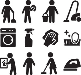 Black silhouette icons of professions and household tasks including cleaner, worker, chef, doctor, and family roles. Perfect for career, lifestyle, education, posters, and infographics.