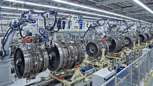 Aerospace Engine Assembly Line - A high-angle view of an aerospace manufacturing plant showcasing a sophisticated assembly line with robotic arms meticulously working on jet engines.