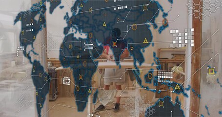 Craftsman sanding surfboard fading map overlay showing data nodes for contour shaping in technology - Powered by Adobe