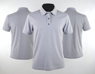 Three light gray polo shirts displayed on a mannequin