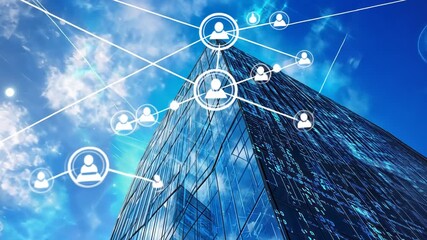 Modern glass skyscraper against a blue sky, overlaid with a network of interconnected profile icons, symbolizing global communication and digital connections - Powered by Adobe