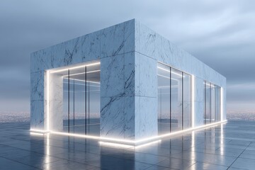 Fototapeta premium Contemporary marble and glass building with glowing lights, city views.