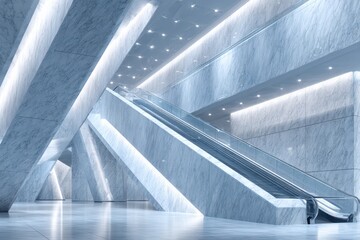 Modern interior featuring an escalator, illuminated marble, clean design.