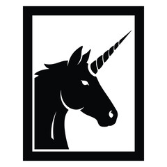 A silhouette of a unicorn head with a spiraled horn inside a black rectangular frame white © AIGen Studio