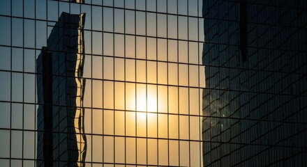 City skyscrapers reflected in mirrored glass, framed by a metal grid, with a golden sunset