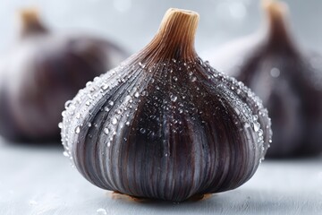 Fresh black garlic bulbs covered in glistening water droplets, close-up detail.