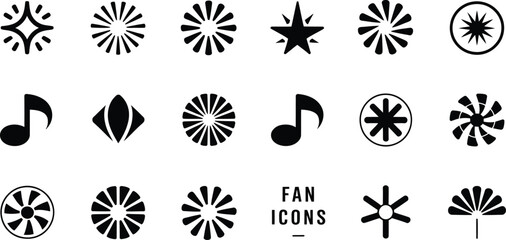 Diverse collection of simple, modern black icons representing abstract shapes, music notes, and starbursts.