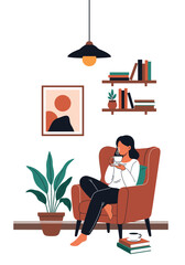 A person relaxing in a comfortable chair with a warm beverage and a book.