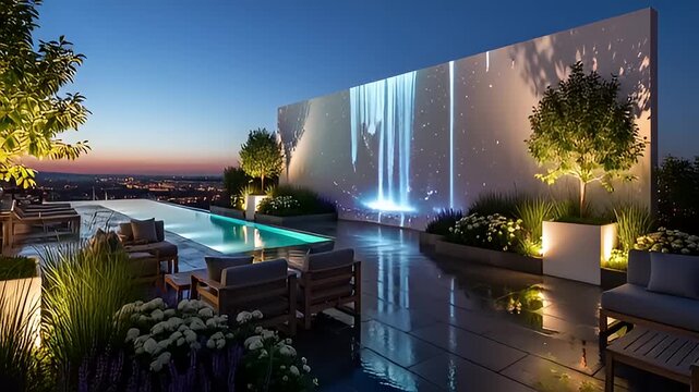 Elegant rooftop pool at sunset with digital waterfall display and lush greenery in the background