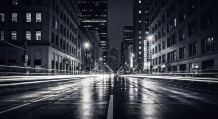 City street at night, wet asphalt, light trails