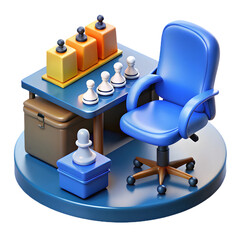 3d rendering of a miniature office scene with blue chair and chess pieces on a circular platform