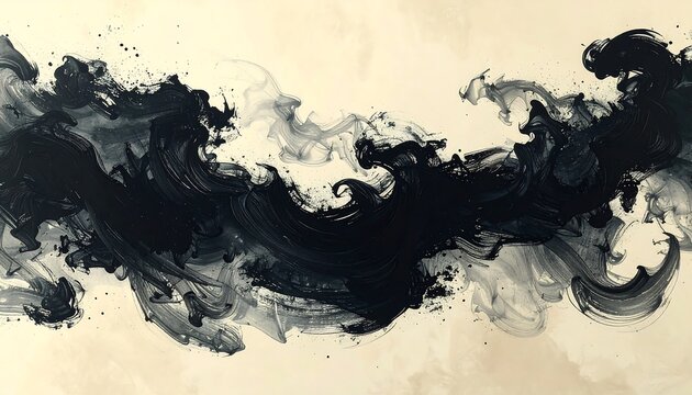 Abstract Black Ink Wash Painting on Beige Canvas.