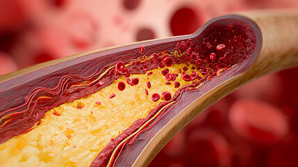 Medical 3D illustration showing cholesterol buildup and plaque deposits inside an artery. Red blood cells flowing through a narrowed blood vessel. Concept of atherosclerosis, heart disease, cardiovasc