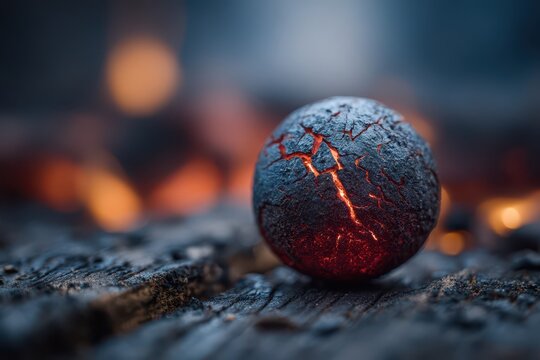 Dark sphere with glowing cracks, emanating raw power and intense heat.