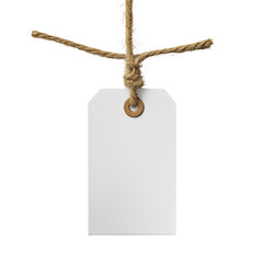 Blank white paper gift tag tied with twine hanging isolated on solid color isolated on transparent background