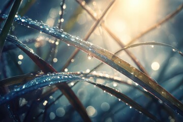 Sparkling dew drops on fresh green grass, backlit by golden morning light.