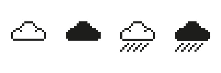 Obraz premium Pixel Art Cloud And Rain Icon Set. Weather Forecast And Climate Change Pixelated Symbol Collection. Minimalist Black And White Design For Meteorology Applications. Isolated Vector Illustration