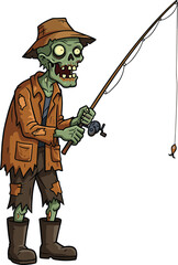 Cartoon zombie fisherman with torn clothes and hat, holding fishing rod with bait, undead character in spooky Halloween vector illustration design