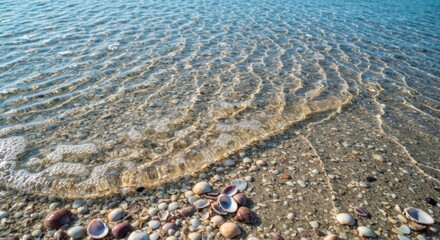 Clear shallow water lapping gently onto a sandy beach, scattered with shells
