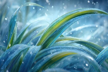 Frosted grass blades shimmer with ice crystals, a winter abstract.