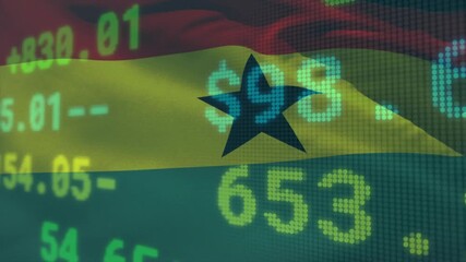 On opening frame Ghana flag rippling while cyan and yellow-green ticker updates showing market flux - Powered by Adobe