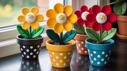 Yellow and red felt flowers in polka dot pots potted plants yellow flowers