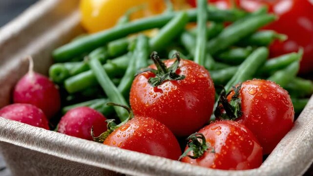 Eco-friendly compostable packaging showcases vibrant tomatoes, radishes, and green beans, highlighting sustainable food storage.