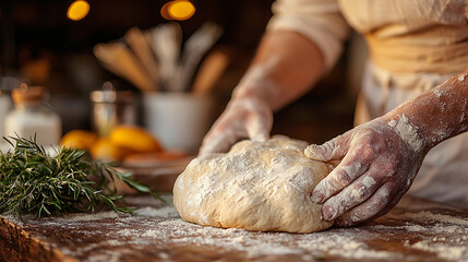 Baker kneading fresh dough in a cozy kitchen setting Generative AI