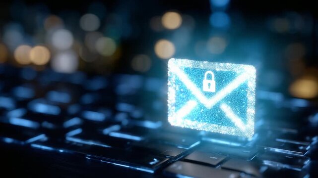 A digital mail icon with holographic effects and a padlock emblem, set against a backdrop of glowing blue lines and cryptographic symbols.