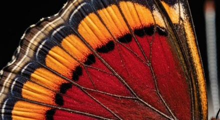 Close-up of a butterfly wing, showcasing intricate patterns of orange, red, and black