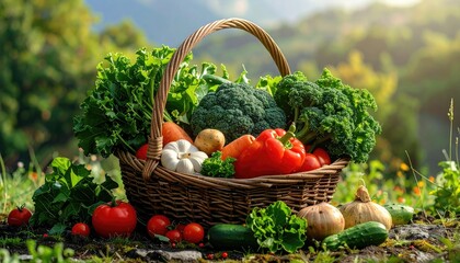 Fototapeta premium Basket Full of Fresh Vegetables in Sunny Garden Setting with Bright Greenery and Earthy Brown Tones
