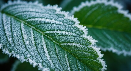 Close-up of a frosted leaf, showcasing intricate veins and a delicate frost covering
