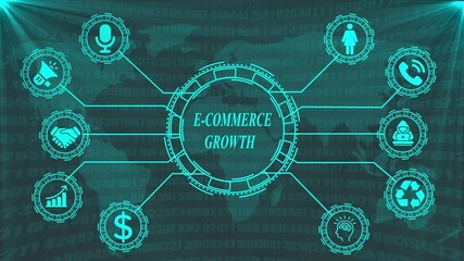 E commerce growth concept digital network connecting global business icons with financial data and world map background animated technology abstract - Powered by Adobe