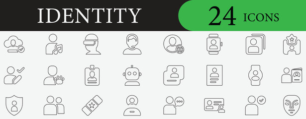 Identity icon set with biometric, face recognition, fingerprint, verification, digital access, secure login, privacy, smartphone, and technology