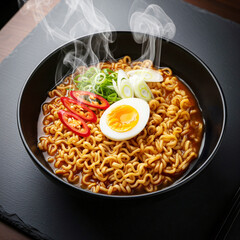 Korean instant ramen topped with egg, green onion, red chili pepper, and meat garnish