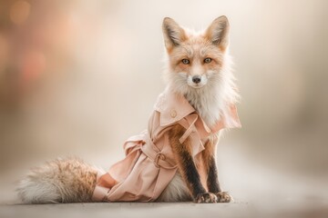 A charming red fox portrait, creatively dressed in a stylish trench coat, creating a whimsical and endearing animal character with a distinctive look, set against a soft, muted background.