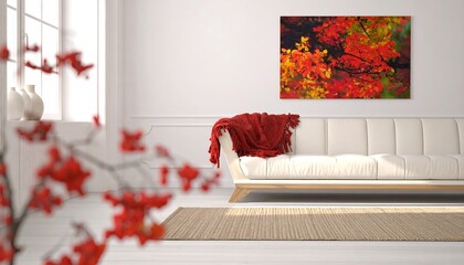 Modern living room, autumnal artwork, cozy