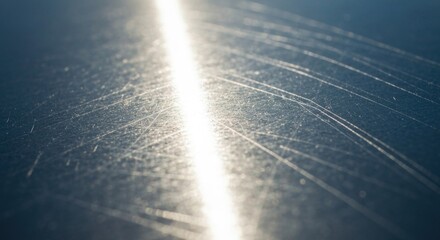 Close-up of a scratched, reflective surface. Sunlight highlights a central line