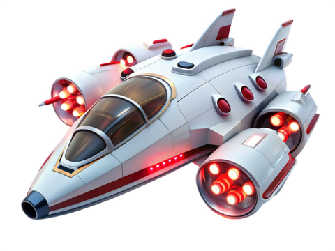 Futuristic white spaceship with red accents and glowing lights  isolated on white background ,PNG. AI Generated