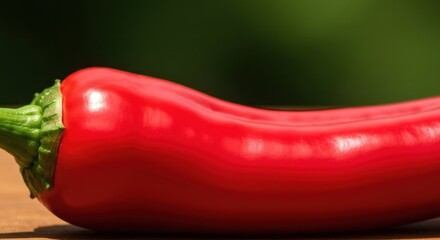 Close-up of a vibrant red chili pepper lying on a wooden surface.  A blurred green background suggests an outdoor setting