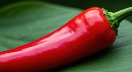 Close-up of a vibrant red chili pepper on a green leaf