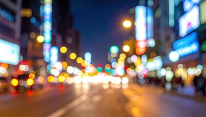Blurred Nighttime City Street with Bokeh Lights and Reflective Pavement at Dusk Twilight with Urban Scenery and Cityscape in Background
