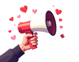 Minimalist Valentine Announcement Hand with Loudspeaker and Hearts